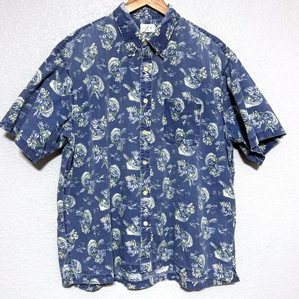 VTG J. Crew Oarsman Blue Marlin Fishing Short Sleeve‎ Camp Shirt Xl Floral Beach